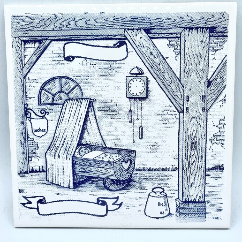 RARE VINTAGE ROYAL MOSA HOLLAND TILE 6”x6” BABY IN BASSINET MEASUREMENTS EUC